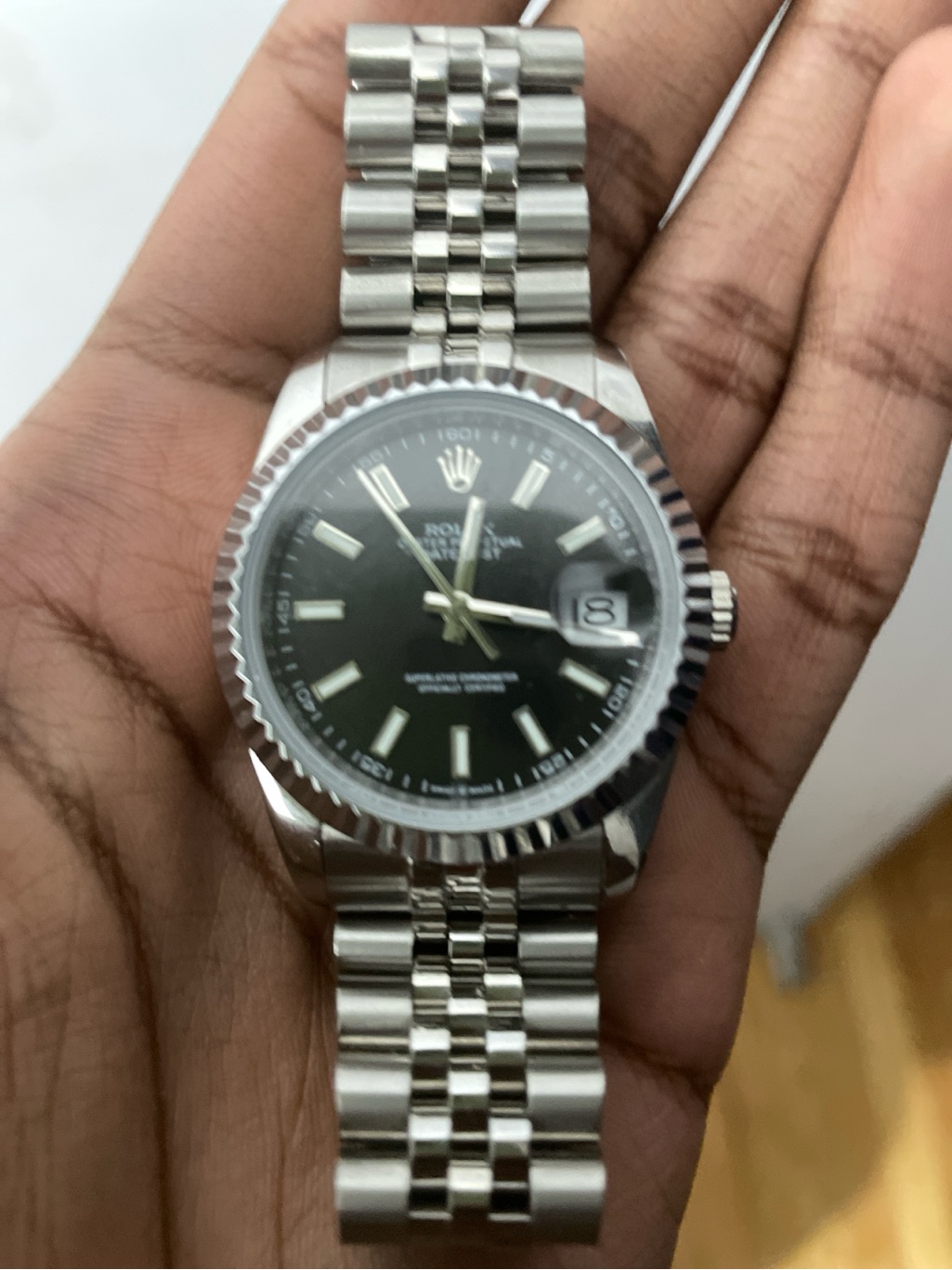 Rolex Silver Stainless Steel Watch With Black Dial